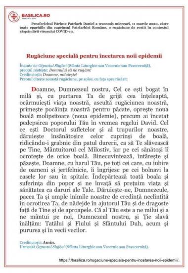 RUGĂCIUNE SPECIALĂ PENTRU ÎNCETAREA NOII EPIDEMII